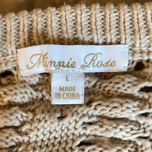 Minnie Rose Cotton Sweater with Open Shoulder, Cable & Open Stitch Detail. Lg. - Picture 6 of 7